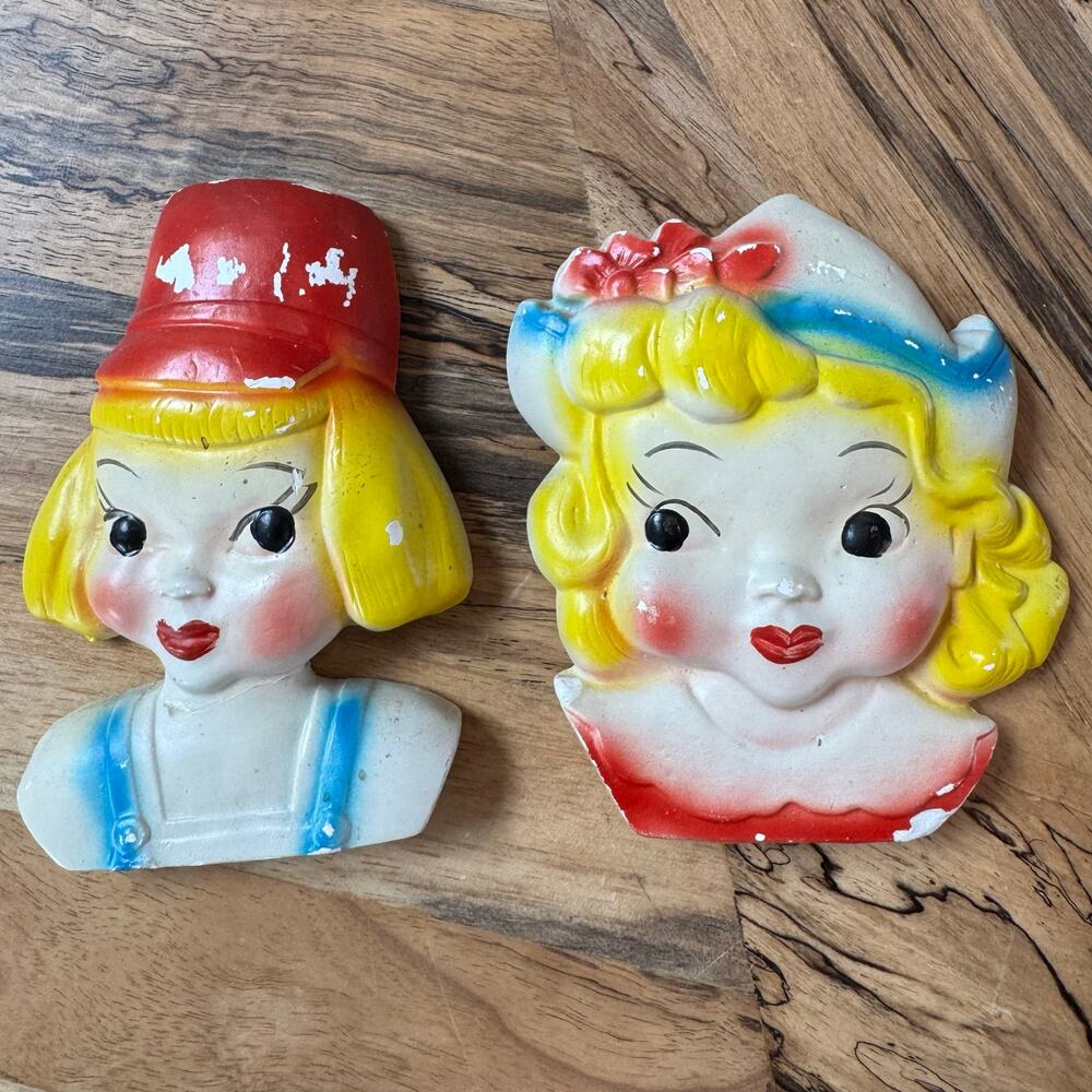 Vintage 1950s Chalkware Boy and Girl Head Wall Art Plaques Retro Kitchen Decor